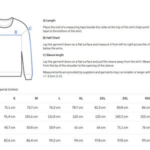 May include: Diagram of a sweatshirt with labeled measurement points: A (Length), B (Half Chest), and C (Sleeve Length). Includes a size guide with measurements in centimeters and inches for sizes S through 5XL.