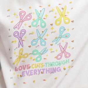 Pastel&quot;Love Cuts Through Everything&quot; LGBTQ+ Sweatshirt  Cute Kawaii Rainbow Scissors Crewneck | Soft Girl Pride Pullover | Queer Artist Gift