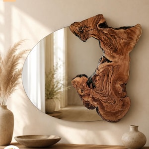 Könnte beinhalten: Ein Wandspiegel mit einer reflektierenden Glasfläche, die teilweise von einem großen, unregelmäßigen Stück natürlichem braunem Holz eingerahmt wird, mit sichtbarer Maserung und dunklen, verkohlten Kanten, die eine organische Form bilden.