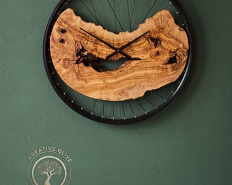 Handmade wall clock made from olive wood and bicycle rim | Upcycled design | Unique wooden clock with rope frame