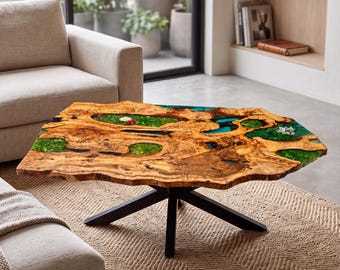 Uma peça única que combina natureza e arte – uma mesa de madeira de oliveira com resina epóxi da kreativolive.