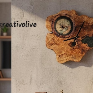 Handmade olive wood wall clock with epoxy resin and 2D compass motif