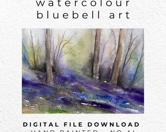 Bluebell Forest Watercolour Print, Woodland Landscape Art, Cottagecore Wall Decor (Digital Download)