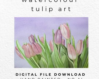 Hand Painted Pink Tulip Watercolour Print, Pastel Floral Wall Art (Digital Download)
