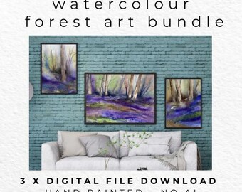 Misty Woodland Watercolour Art Prints, Purple Blue Forest Wall Art (Digital Files)