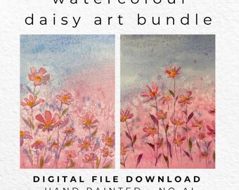 Set of 2 - Pink Daisy Watercolour Print Set – Pink Flower Decor Wall Art - Digital Download