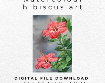 Red Hibiscus Watercolour Art Print, Tropical Botanical Floral Decor (Digital Download)