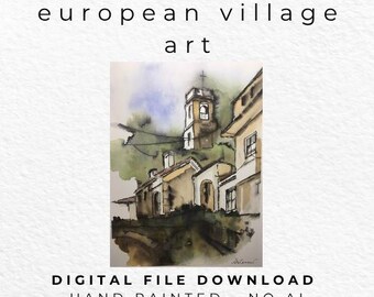 European Village Watercolour Print, Rustic Architecture, Old Town Wall Art (Digital Download)