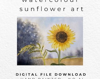 Sunflower Watercolour Print – Rustic Floral Landscape Wall Art – Yellow Flower Printable – Moody Nature Decor – Digital Download
