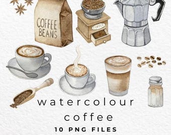 Watercolor Coffee PNG, Coffee Clipart, Watercolour Coffee Clip Art, Coffee Design, Cafe PNG, Digital Download