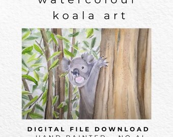 Hand Painted Koala Watercolour Print, Australian Wildlife Nursery Art (Digital Download)