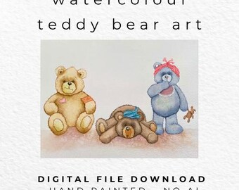 Teddy Bear Watercolour Print – Cute Nursery Wall Art – Whimsical Bear Illustration – Pastel Kids Room Decor – Digital Download