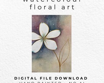 Hand Painted White Flower Watercolour Print, Elegant Botanical Wall Art (Digital Download)