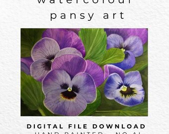 Hand Painted Pansy Watercolour Print, Purple Floral Cottagecore Wall Art (Digital Download)