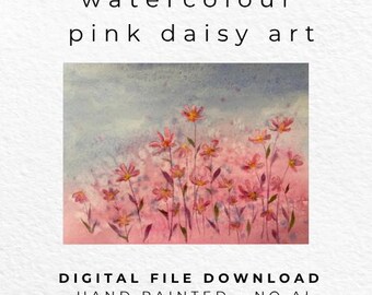 Pink Daisy Watercolour Print – Soft Floral Meadow Wall Art – Cottagecore Flower Decor – Pastel Botanical Printable – Digital Download
