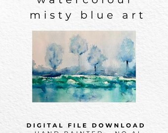 Misty Blue Watercolour Landscape Print – Calm Nature Wall Art (Digital Download)