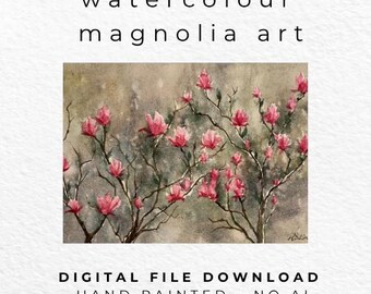 Pink Magnolia Watercolour Print – Floral Branch Wall Art – Moody Botanical Decor – Soft Blossom Printable – Instant Digital Download