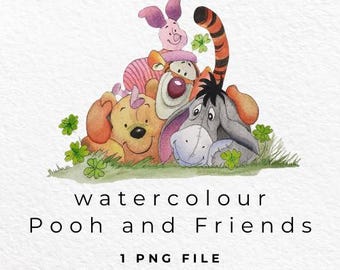 水彩画のプーさんと仲間たち PNG、プーさんのクリップアート、イーヨーのクリップアート、ティガーのクリップアート、ピグレットのクリップアート、ディズニーのクリップアート、デジタルダウンロード、