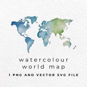 Può includere: Una mappa del mondo ad acquerello con tonalità blu e verdi. La mappa è un download digitale e include un file PNG e un file SVG.