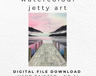 Watercolour Jetty Print – Misty Lake Sunset Landscape, Calm Nature Wall Art (Digital Download)