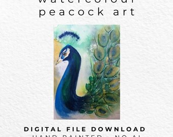 Hand Painted Watercolour Peacock Art Print, Vibrant Bird Wall Decor (Digital Download)