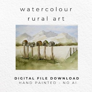 May include: A watercolor painting titled "watercolour rural art" featuring a row of six mailboxes on wooden posts in a grassy field with mountains in the background. The image includes the text "DIGITAL FILE DOWNLOAD" and "HAND PAINTED - NO AI".