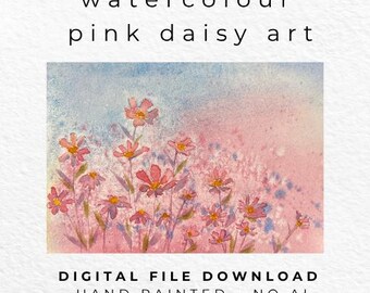 Hand Painted Pink Wildflower Watercolour Print, Pastel Meadow Cottagecore Wall Art (Digital Download)