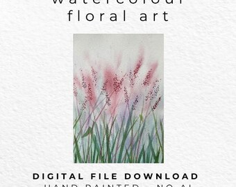 Hand Painted Wildflower Meadow Print, Soft Pink Watercolour, Cottagecore Botanical Wall Art (Digital Download)
