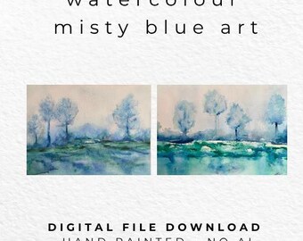 Set of 2 Watercolour Landscape Prints – Blue Green Misty Trees (Digital Files)