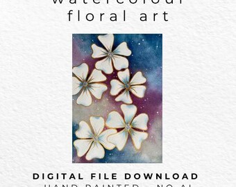 Hand Painted White Floral Watercolour Art, Gold Botanical Print (Digital Download)