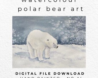Hand Painted Polar Bear Watercolour Art, Winter Snow Scene, Arctic Wildlife (Digital Download)