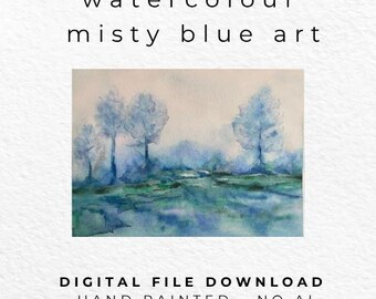 Misty Watercolour Landscape Print – Blue Trees, Path, Calm Nature Wall Art (Digital Download)