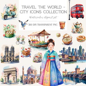 Watercolor Travel Clipart Bundle: City Landmarks, World Icons (140+ PNG Digital Download)