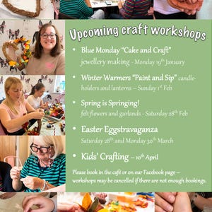 May include: Promotional image for upcoming craft workshops. The image shows people engaged in various crafts, with text detailing workshop dates for jewellery making, candle holders, felt flowers, Easter crafts, and kids' crafting. The background has a dog wallpaper.