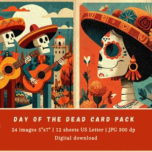 Puede incluir: Descarga digital de un paquete de tarjetas del Día de Muertos. La obra de arte presenta ilustraciones coloridas de esqueletos con sombreros tocando la guitarra y una calavera decorada. El texto dice "DAY OF THE DEAD CARD PACK" y "24 imágenes 12,7cm x 17,8cm | 12 hojas US Letter | JPG 300 dp".