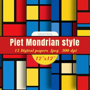 May include: A set of 15 digital papers in a Piet Mondrian style, featuring a geometric pattern of red, yellow, blue, and black squares. The papers are 12 inches by 12 inches and 300 dpi.