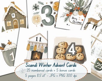 Scandi Winter Advent Cards Printable, 25 Numbered + 5 Bonus Cards, Neutral Christmas Countdown Set, JPG PNG 300 DPI