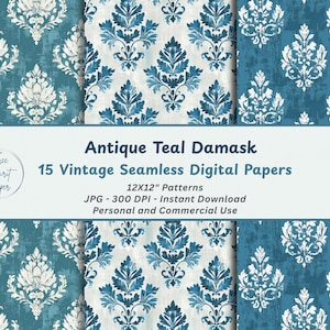 Antique Teal Damask Digital Paper – 15 Seamless Patterns, 12x12&quot;, 300DPI JPG, Scrapbook, Wedding, Junk Journal, Craft Backgrounds
