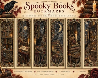 Marcapáginas de libros espeluznantes, 12 marcapáginas góticos imprimibles, marcapáginas vintage de Halloween, marcapáginas de estilo academia oscura, marcapáginas de gato negro y cuervo
