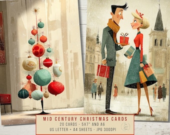 Cartes de Noël Mid-Century - 20 cartes de voeux de vacances rétro, éphémères imprimables, scrapbooking, pages de journal, décoration de Noël vintage