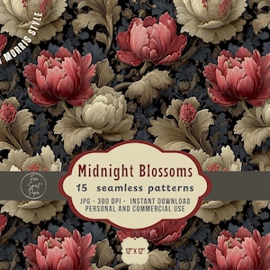 Puede incluir: Un diseño de patrón sin costuras con grandes flores estilizadas en tonos rojos, crema y marrón sobre un fondo azul oscuro. El diseño incluye el texto "Midnight Blossoms" y "15 patrones sin costuras". El patrón mide 30 cm x 30 cm.