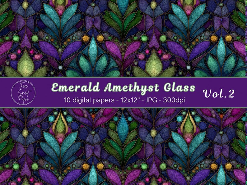 Enchanted Stained Glass Digital Paper, Emerald Amethyst Seamless ...