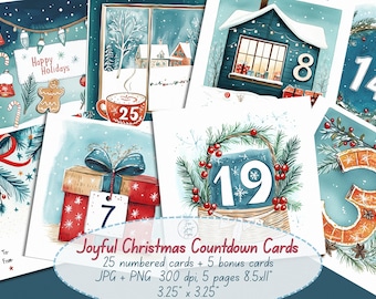 Joyful Christmas Countdown Cards, Christmas Advent Cards Printable, Holiday Countdown Calendar, 25 Numbered + 5 Bonus Cards, JPG PNG 300 DPI