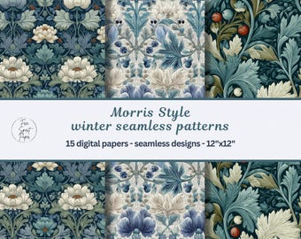 Morris Style Winter Seamless Patterns | 12x12 Digital Paper | Blue Botanical Wallpaper | Arts and Crafts Pattern