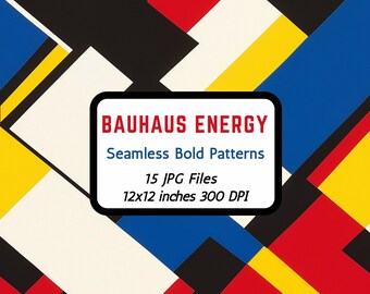 Könnte beinhalten: Abstraktes geometrisches Design mit kräftigen Formen in Rot, Blau, Gelb, Schwarz und Weiß. Der Text "BAUHAUS ENERGY Seamless Bold Patterns 15 JPG Files 12x12 inches 300 DPI" ist enthalten. Das Design ist ein nahtloses Muster.