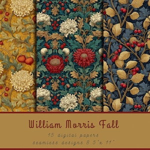 Puede incluir: Tres diseños de papel digital con estampados florales en tonos dorados, verde azulado y azul marino. Los diseños presentan flores, bayas y hojas. El texto "William Morris Fall" se muestra debajo, con las dimensiones 21,59 cm x 27,94 cm.