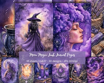 Moon Magic Junk Journal Pages | 30 Witchy Journal Pages 5.5"x8.5" | Vintage Witchy Printable Ephemera | Dark Academia Scrapbooking Kit