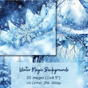 May include: Watercolor winter-themed digital backgrounds. The images feature a snowy landscape with ice crystals, snowflakes, and blue butterflies. The text "Winter Magic Backgrounds" is displayed, along with the dimensions of 11x8.5 inches.