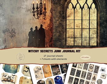 Witchy Secrets - Halloween Junk Journal Kit, Vintage Gothic Printable Paper, Witchcraft Ephemera, Spooky Scrapbook Pages, Grimoire Digital