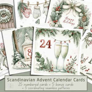 Può includere: Un set di biglietti del calendario dell'Avvento scandinavo ad acquerello. Le carte presentano scene invernali con numeri, decorazioni festive e il testo "Happy Holidays". Il set include 25 biglietti numerati, 5 biglietti bonus e 5 motivi.